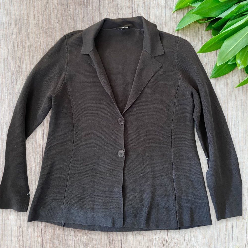 EILEEN FISHER Gray V-Neck Silk Blend Knit Button Down Sweater Blazer Jacket